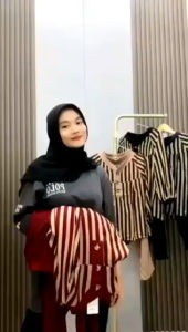 PROMO Setelan Motif Salur Jumbo LD 110 120 130CM XL XXL XXXL Bahan Katun Rayon Twill 116554 - Set Salur Wanita - Lengan Panjang Karet - Celana GRATIS ONGKIR