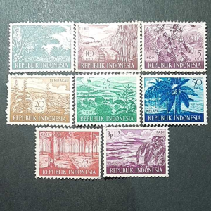 Prangko Indonesia lawas Koleksi Kuno 8 pcs Seri Hasil Bumi Tahun 1960 UN USED