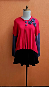 atasan wanita merah mix abu tua LUNAN GO cewek M L blouse lengan panjang ujung karet cute santai
