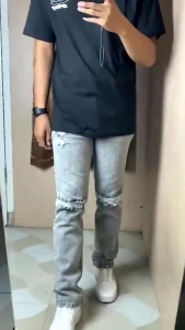 Celana Jeans Abu Grey Sandwash Bikers Sobek Lutut Pria Ripped