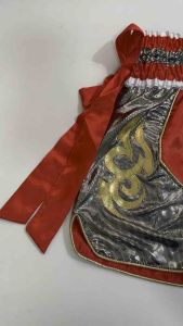Ram Lumpini Satin Muay Thai Fight Shorts Red Silver with Red Ribbons Extra Large