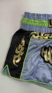 Ram Lumpini Satin Muay Thai Fight Shorts Light Blue with Black and Neon Green Detail Extra Large