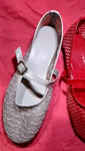 Marikina made Mesh doll shoes Womens Flat Ballet Flats with strap and buckle in red beige black white and gray on pink background.