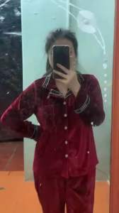 Set bộ nhung đen đỏ pizama tay dài mùa đông cho nữ