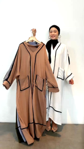 Gamis Abaya Wanita Terbaru Big Size Crinkle Saku List Putih Abu Army Oversize