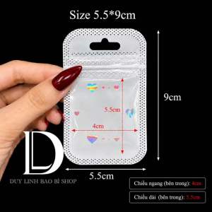 (10 cái) Túi Zip trắng tim có lỗ treo Đựng Trang Sức Túi hologram 1 mặt màu trắng lấp lánh trái tim 1 mặt trong…