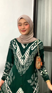 Gamis Twill Terbaru 2025 Motif Green Tea Rempel Tumpuk Tali Samping Cap Malaman