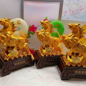 Gold Horse With Jade Peace Buckle Feng Shui Lucky Charm Ornament Decoration