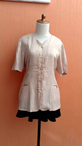 atasan cream wanita motif crem L cewek blouse lengan pendek kerja kuliah kantong kiri kanan
