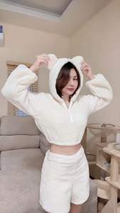 ✨ชุดเซ็ตหมีขนนุ่ม✨ ฟรีไซส์ เสื้อหมวกฮู๊ดมีหู+กางเกง 💗🎄