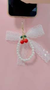 DIY Phonestrap Cherry Gantungan Hp Tas Kunci HP Pita Lace Mutiara Ceri Bagcharm Aesthetic Kawai