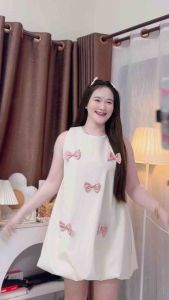 Dress แขนเว้าบอลลูนทรงปล่อยแต่งโบว์ ( Ba-9 ) 🎀✨