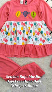 Setelan Baju Muslim Bayi Motif Ballon // Baju Muslim Perempuan Usia 3-12 Bulan // Baju Muslim Dengan Hijab Bayi Lucu