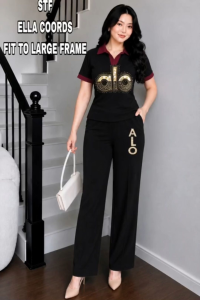 Beige wide-leg pants with graphic polo shirt set fit to XL frame