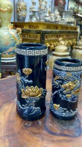 Lọ Đựng Hương Ống Cắm Hương Men Xanh CoBan Bát Tràng Đồ Thờ Đắp Nổi Họa Tiết Hoa Sen