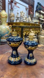 Đèn Dầu Men Xanh Coban Đắp Nổi Bát Tràng Đèn Dầu Thắp Ban Thờ Đèn Dầu Châm Hương