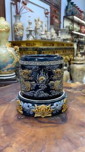 Đế bát hương Bát Tràng men xanh Coban đắp nổi Đế bát nhang Lư hương thờ cúng Đế sứ cao cấp