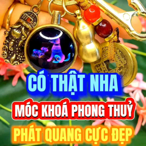 Móc khóa 12 con giáp dạ quang móc chìa khóa phong thủy 5 món bằng đồng thau - tặng kèm chu sa