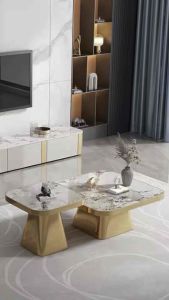 Bàn trà đôi Sofa phòng khách mặt đá lọt hình vuông chân kim loại hình tháp trụ hiện đại sang trọng BT-44