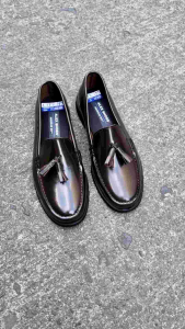 Alex Shoes A-116 Mens Cow Leather Tasseled Fringe Design Slip On Elegant Formal Loafers Black Brown