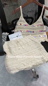 Set bộ đi biển bikini gồm 1 chân váy A cạp chun + 1 áo 2 dây sợi móc đính trang trí thời trang mùa hè 2024 thoáng khí