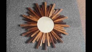 กระจกติดผนัง กรอบกระจก ทำจากแท่งไม้ ไม้สัก ทรงกลม มินิมอล ทำสี แต่งผนัง 80x80x1cm งานทำมือ แต่งบ้าน Sunburst Teak Wood Stick Round Wall Mirror