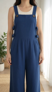 Womens Preloved Blue Pinafore Overall Wide Leg Jumpsuit with PocketsCute Side Bow Details Elastic Back Waist.Stretchable Soft Fabric Medium - Large