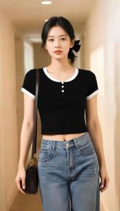 Áo thun nữ croptop viền phối - đóng nút trước siêu xinh . Freesize: 35kg-55kg