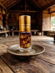 MINYAK SIAM THAI IMPORT Sesame Oil Amber liquid Gold cap Ceramic plate Rustic kitchen setting