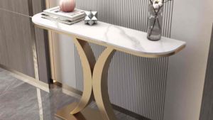 Kệ đứng bàn console trang trí phòng khách cạnh cửa nhà mặt đá chữ nhật chân X cong sang trọng BC-12