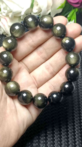 Premium Grade Golden Sheen Obsidian Crystal Stone Bracelet 14mm 高货强光猫眼亮财眼招财金曜石手串 14mm