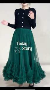 KIM กระโปรงผ้ามูงฟรุ่ง-ชายระบายซ้อน พองๆ พลิ้วๆ ใส่แล้วไม่ซ้ำ - เอวสม็อก 24-38นิ้ว 50-50 สม็อก ผ้าพิเศษ ออกงาน