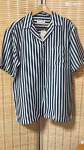 เสื้อฮาวาย ผ้าไหมฝรั่งเศส ลายทางน้ำเงินเข้มขาว ใส่สบาย ระบายอากาศดี ผลิตในไทย