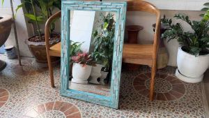 กระจกติดผนัง กรอบกระจก แท่งไม้ ไม้สัก ขัดฟ้า สี่เหลี่ยมผืนผ้า 60x90x3cm กระจก บล็อคไม้ งานทำมือ  White Blue washed Teak Wood Block field with mirror