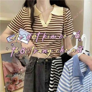 Áo Dệt Kim Nữ Cổ Bẻ Chữ V Hoạ Tiết Sọc Ngang Thời Trang Hàn Quốc - Top Nữ - Women