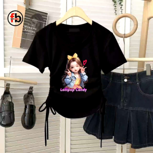 crop top atasan wanita lollipop model korean kekinian flexibel serut kanan kiri lengan pendek