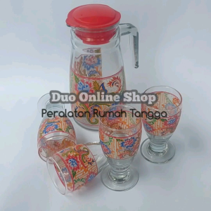 DOS 1 paket Drink Set 4 gelas kaki / lehar dengan 1 teko pitcher motif Printing  anti gores