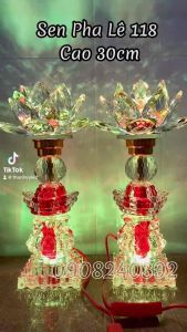 [Giá một cặp] Bộ 2 Đèn Hoa Sen Pha Lê Nguyên Khối Để bàn Thờ Phật Đèn Hoa Sen Đèn Thờ Cúng Cao 30cm [ PL118 ]