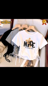 KeenApparel t-shirt serut crop anak perempuan motif beruang untuk usia 2-11 tahun