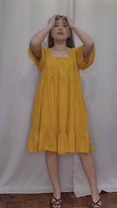 Challis Loose Sleeve Short Dress with TWO Side Pockets Womenswear Casual Wear Knee Length Dress