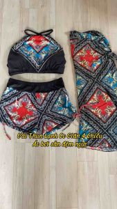 Sét đồ bơi nữ 2 mảnh kèm khăn cuốn áo yếm phối quần đùi thổ cẩm đi bơi biển đẹp áo tắm bikini SG