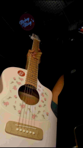 Daisy Acoustic Guitar D100 with floral design on white body wooden neck and bridge suitable for music practice and performances.