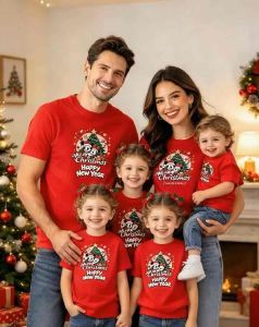 Red T-shirt with Mickey and Minnie Mouse Christmas design Merry Christmas Happy New Year