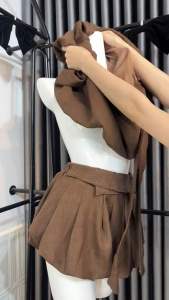 Set tiểu thư sang trọng form bí bồng gồm áo yếm thắt nơ bo chun lưng phối chân váy ngắn