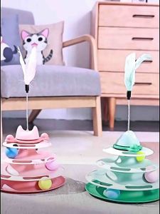 Mainan Kucing Cat Tower 4 Layer Track Toy Spinning Ball Interactive Cat Toy with Feather Kitty Self Play