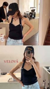 Velova – Amor Top | Halter neck with lace & flower buttons สายปรับระดับได้