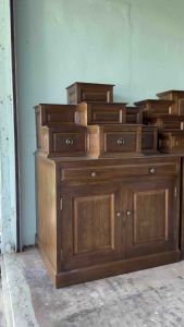 โต๊ะหมู่บูชา หมู่ 9 ตู้ไม้สักแท้ กว้าง 90 x สูง 130 x ลึก 70 cm. (ประกอบแล้ว) สีเสี้ยนดำน้ำตาล