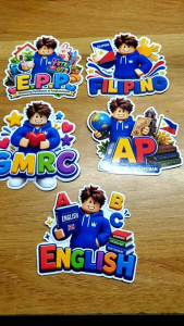 Subject Sticker Labels MAPeh: P.E. & Health. Blue and white sports uniform. Basketball and soccer ball. Red first aid kit. Blue water bottle. Yellow stars.
