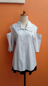 atasan kemeja wanita putih salur XIAO MO cewek XL XXL jumbo lengan pendek kerja kuliah