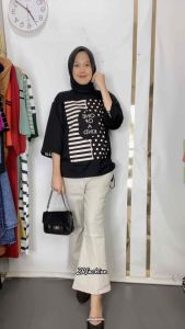 Oneset Cutbray serut Wanita Kaos Combat mix Chinos // Setelan kekinian trendy